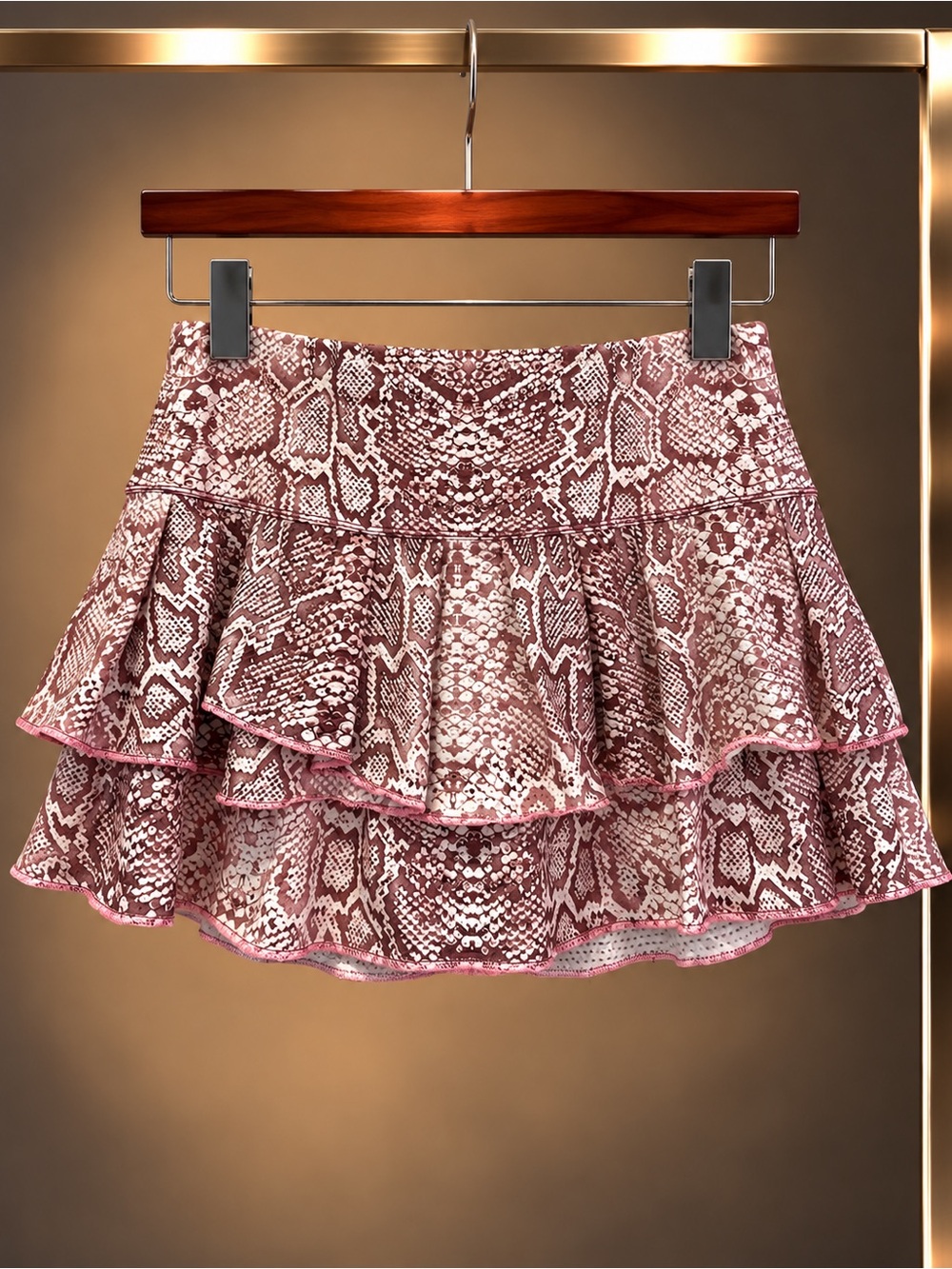 Lucky in Love Tiered Ruffle Tennis Skort Snake Print Mauve Pink Womens XS